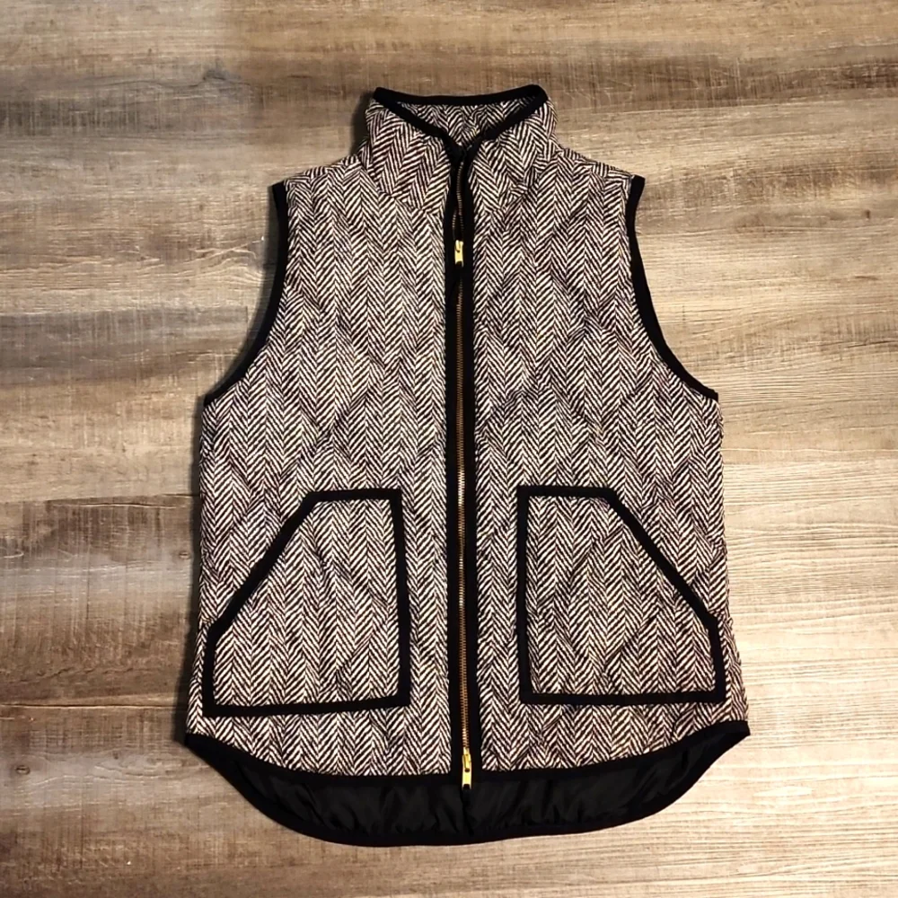 J.CREW Womens Small Printed Quilted Down Puffer Vest Herringbone Full Zip - Picture 1 of 5